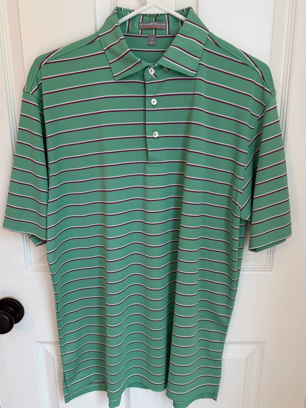 Peter Millar Green Golf Polo with White and Burgundy Stripes, Medium